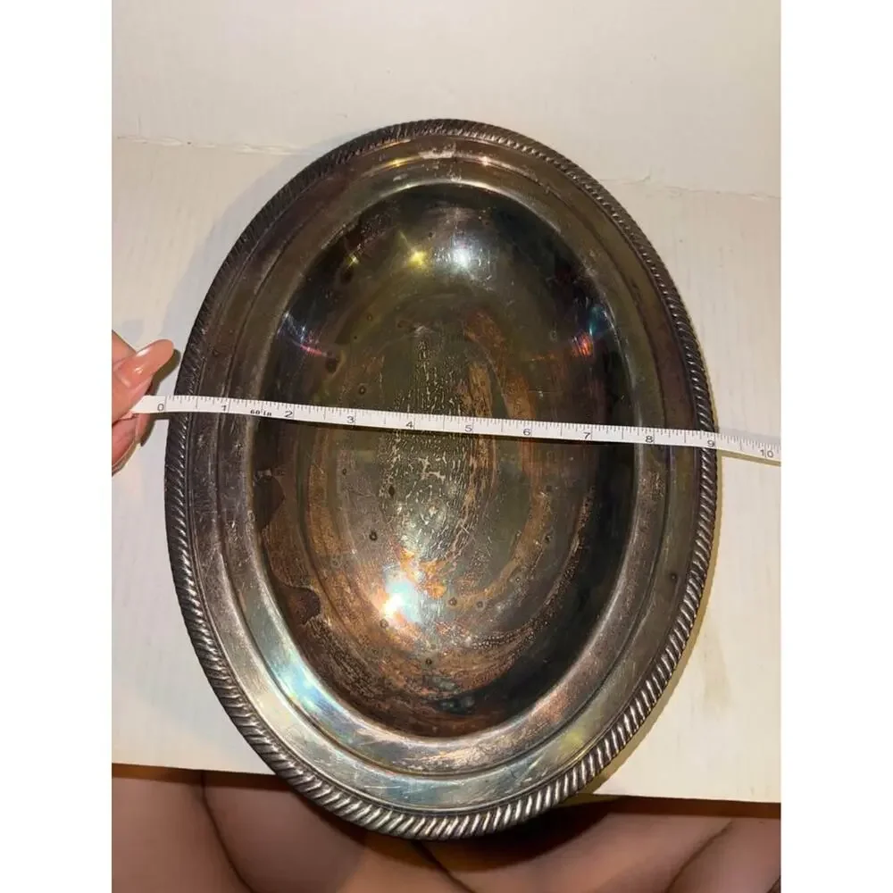 Vintage Silver-Plated Oval Serving Bowl with Rope Rim